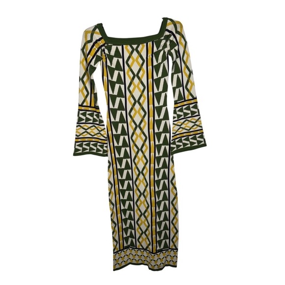 MISA Los Angeles knit Geometric Print‎ offShoulder Maxi Dress Bell Sleeves  L - Picture 3 of 10